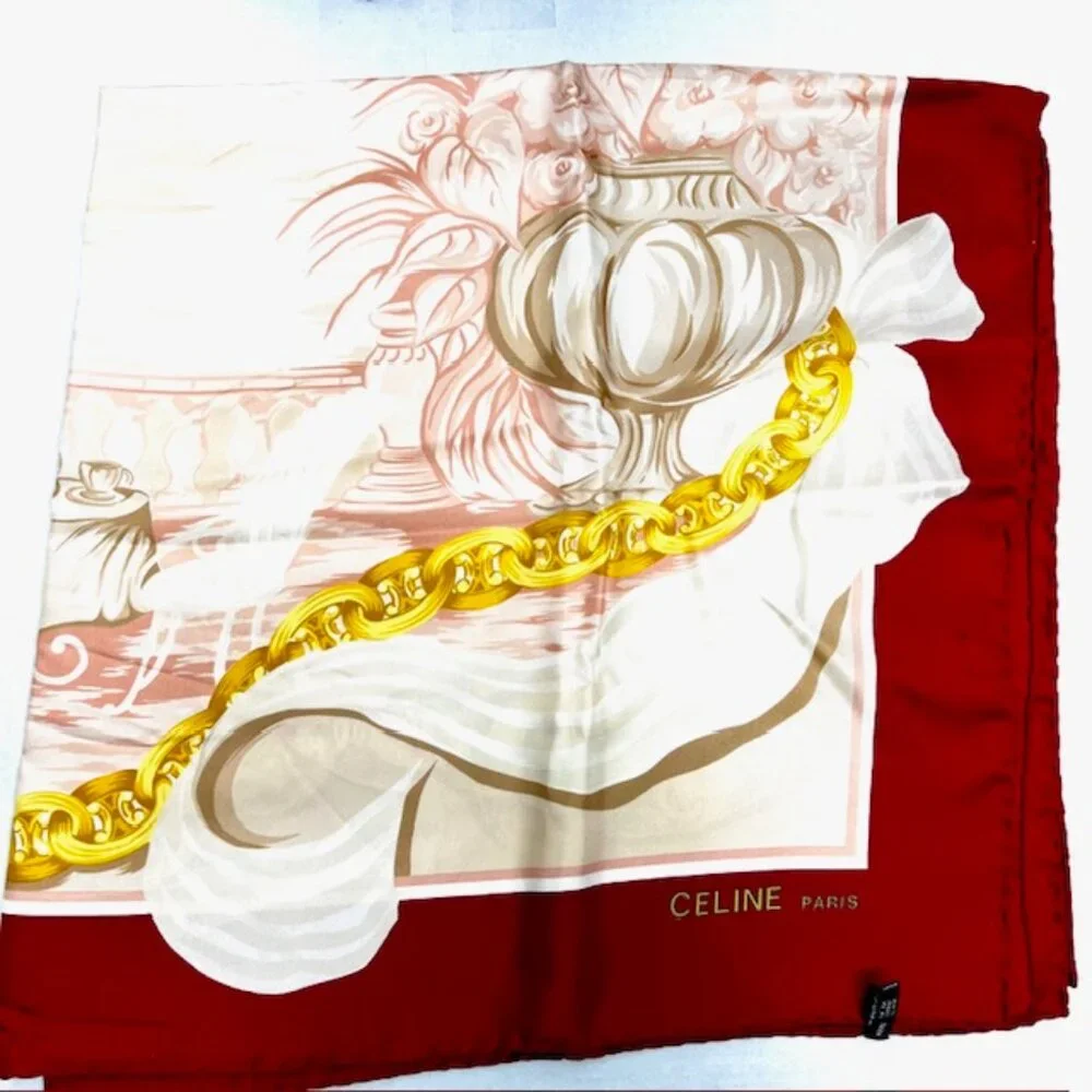 Vintage Celine Paris 100% Silk Scarf Satin 34" Red beich peach pink gold  (35) - Picture 14 of 16